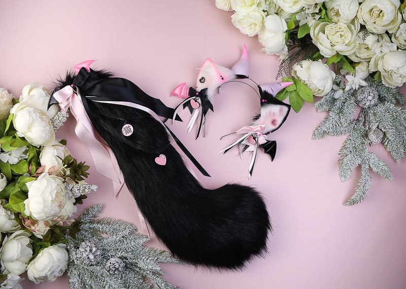 Neko Demon Ears and Tail Set Faux Fur Ears and Tail Set - Hair Accessories - Other Man-Made Fibers Pink