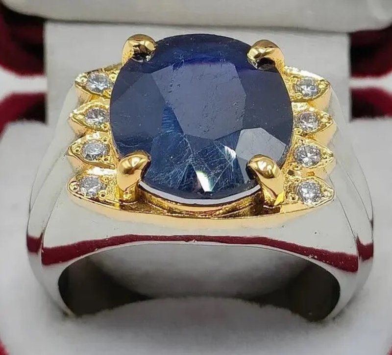 Natural Royal Deep Blue Sapphire Men's Ring Sterling Silver 925 Blue Sapphire - 戒指 - 寶石 藍色