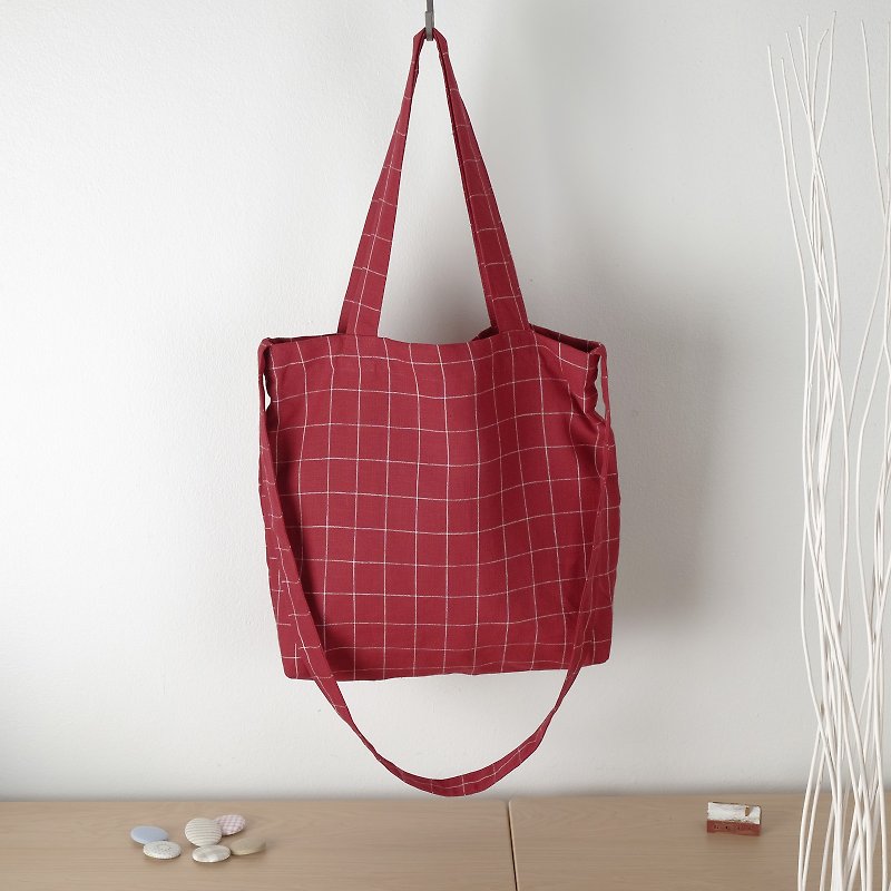 Dark Red Checkered Linen Tote Bag - 側背包/斜背包 - 棉．麻 紅色