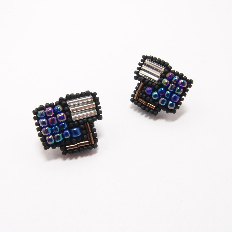 Geometric Cube Embroidery Earrings / Summer Blue - Earrings & Clip-ons - Thread Blue