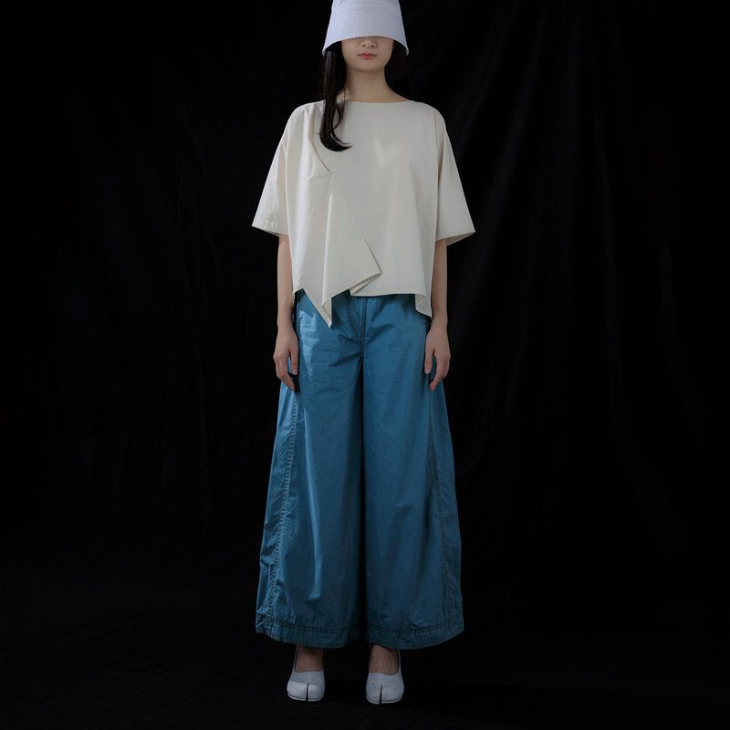 壓線鬆緊長寬褲 - 女長褲 - 棉．麻 藍色