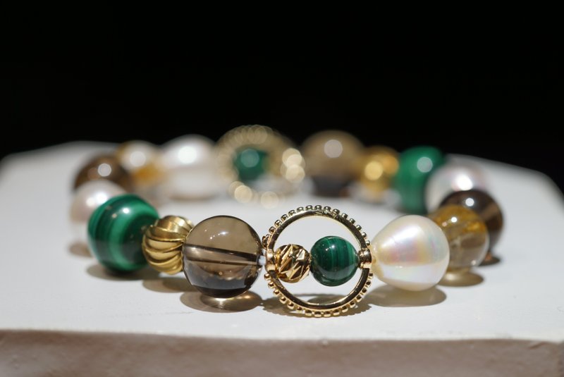 Malachite | Smoky Quartz | Pearl | Gold Rutilated Quartz Crystal Bracelet Xmas - Bracelets - Crystal Gold