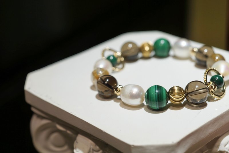 Malachite Smoky Quartz Pearl Gold Rutilated Quartz Crystal Bracelet unique - Bracelets - Crystal Gold