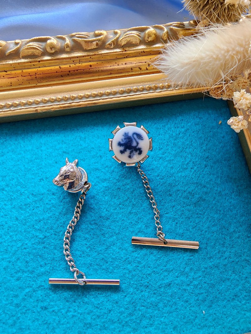美國西洋古董飾品 / 瓷製皇家獅銀馬頭領帶扣男士珠寶Tie buckle - 領帶/領帶夾 - 其他材質 