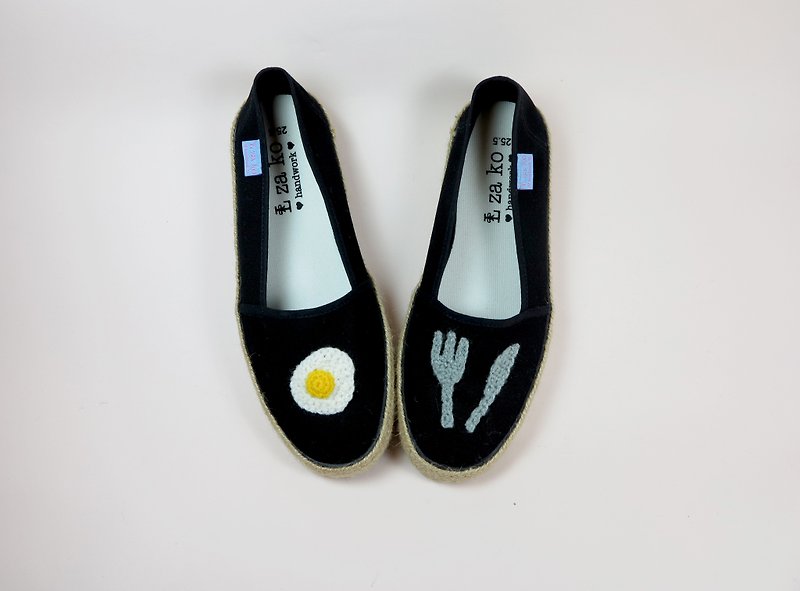 Black cotton canvas hand made shoes poached egg knife fork models have a woven section - รองเท้าลำลองผู้หญิง - ผ้าฝ้าย/ผ้าลินิน ขาว