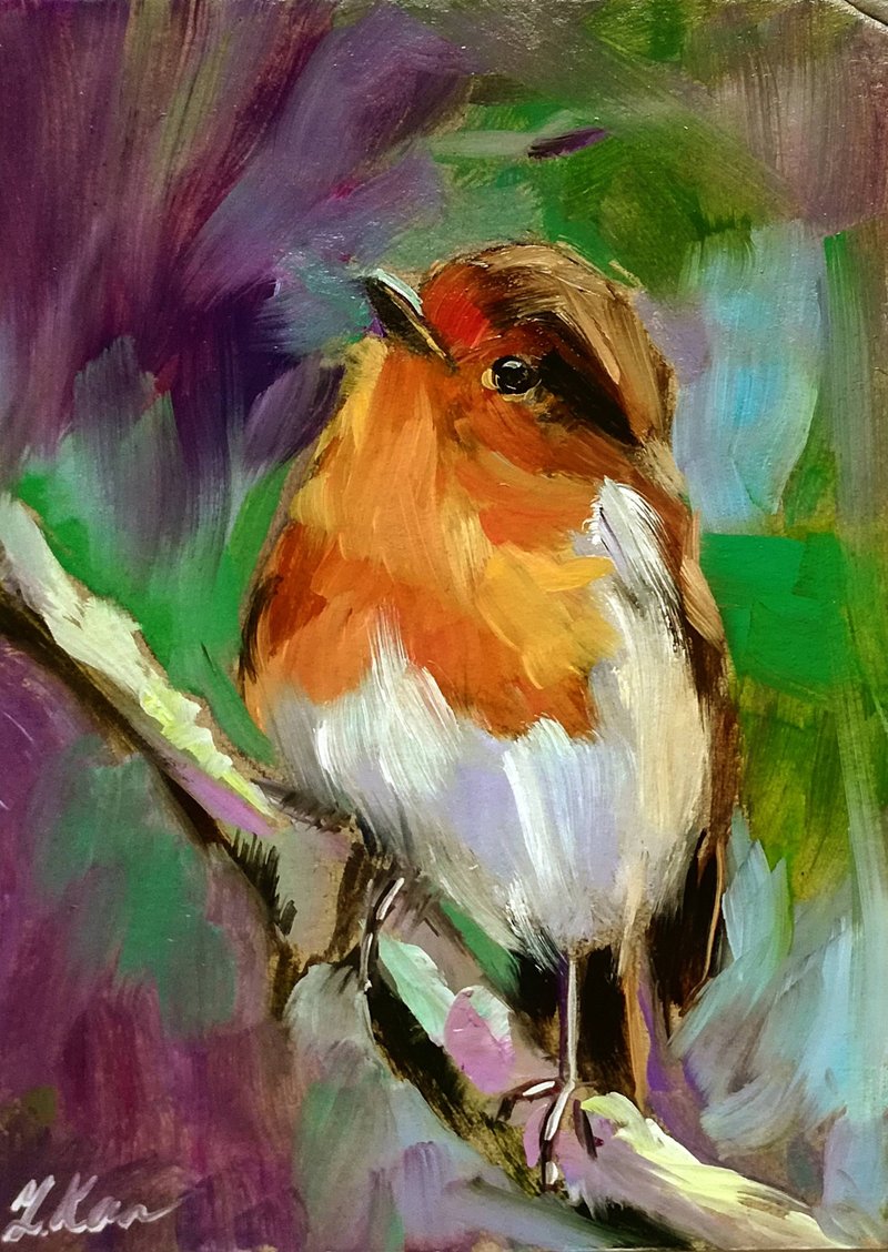 Bird Painting  Animal Original Oil Painting Robin Painting Animal Small Art - โปสเตอร์ - วัสดุอื่นๆ หลากหลายสี