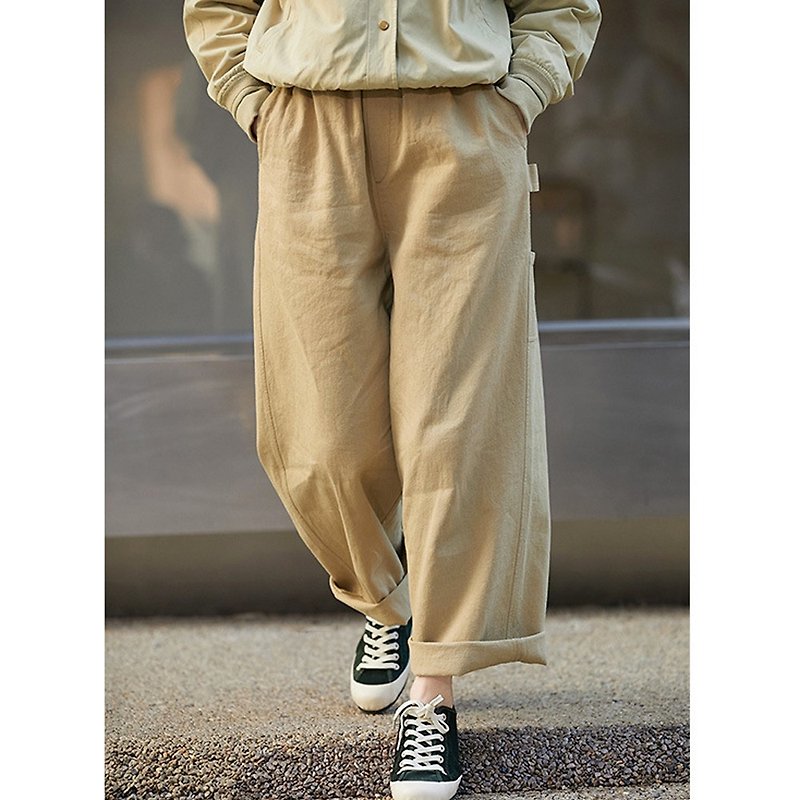 Khaki twill cotton and Linen simple loose wide-leg straight trousers - Women's Pants - Cotton & Hemp 