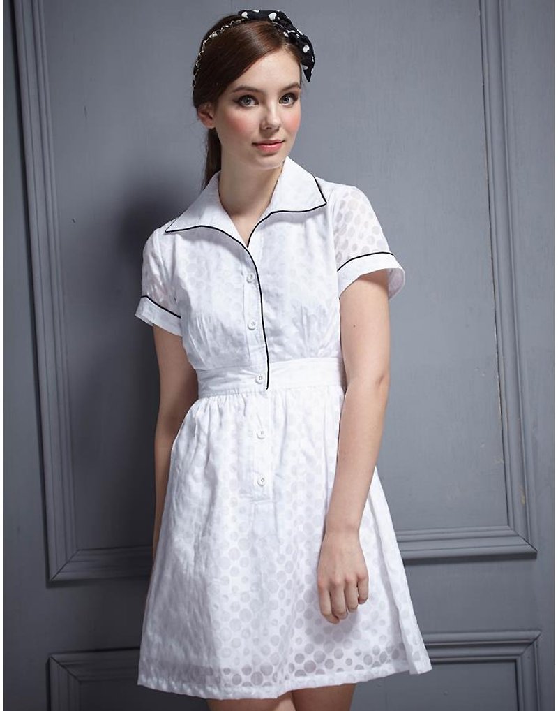 滾邊領印花洋裝-大白小圓 - 洋裝/連身裙 - 其他材質 白色