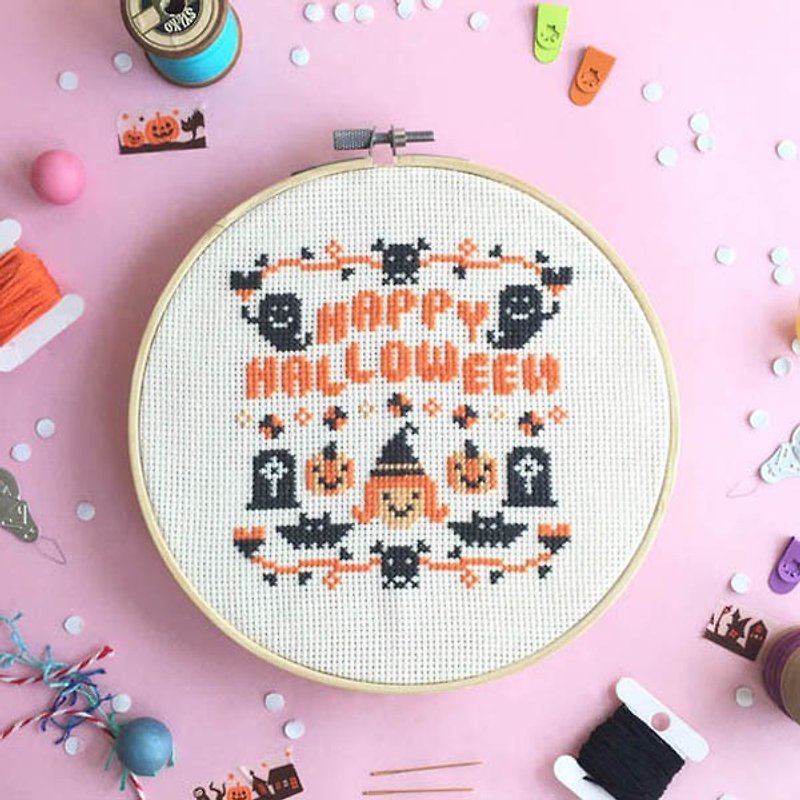 Halloween Cross Stitch KIT - Happy Halloween - Knitting, Embroidery, Felted Wool & Sewing - Cotton & Hemp Orange