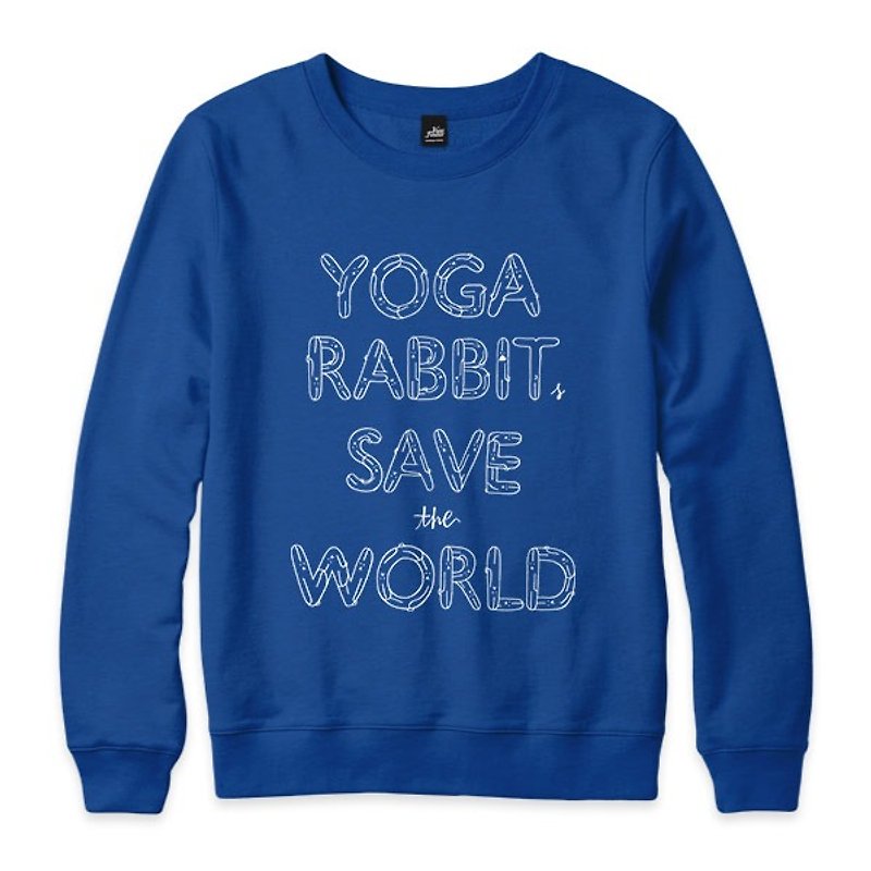 YOGA RABBITS SAVE the WORLD - 寶藍 - 中性版大學T - 男 T 恤 - 棉．麻 藍色