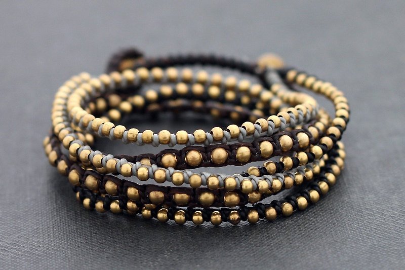 Wrap Beaded Bracelets Brass Beads Wrap Bracelets Woven Monotone Boho Rock - สร้อยข้อมือ - ผ้าฝ้าย/ผ้าลินิน สีเทา
