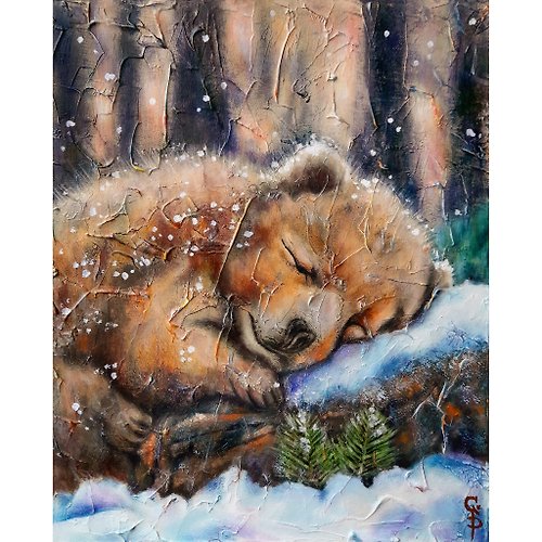 Ginna Paola Bear Oil Painting Wild Animal Wall Art Winter dream Forest Home Decor Portrait