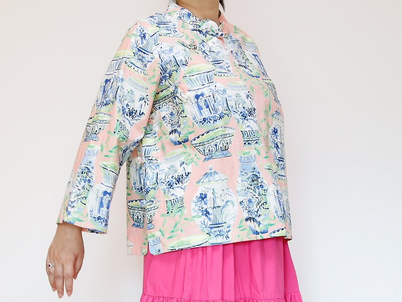 China collar blouse Pink chinoiserie collar Loose design - เสื้อเชิ้ตผู้หญิง - ผ้าฝ้าย/ผ้าลินิน สึชมพู