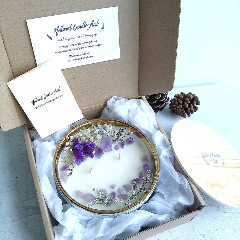 Amethyst - White Marble bowl | Dried flower Crystal Natural Soywax Candle - Candles & Candle Holders - Wax Purple