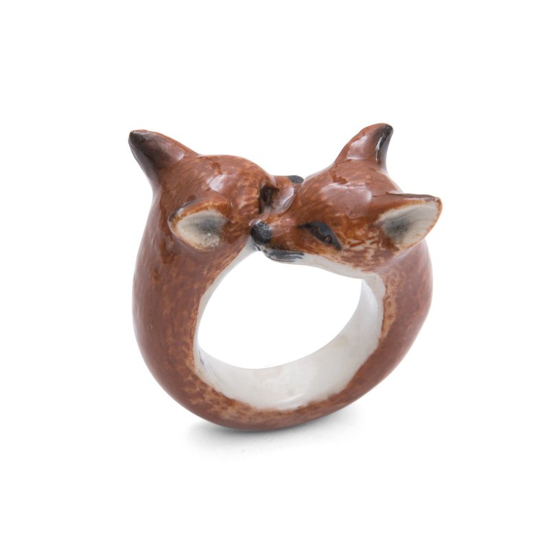 AndMary 手繪瓷戒指-狐狸 禮盒裝 Fox Cubs Ring - 戒指 - 瓷 咖啡色