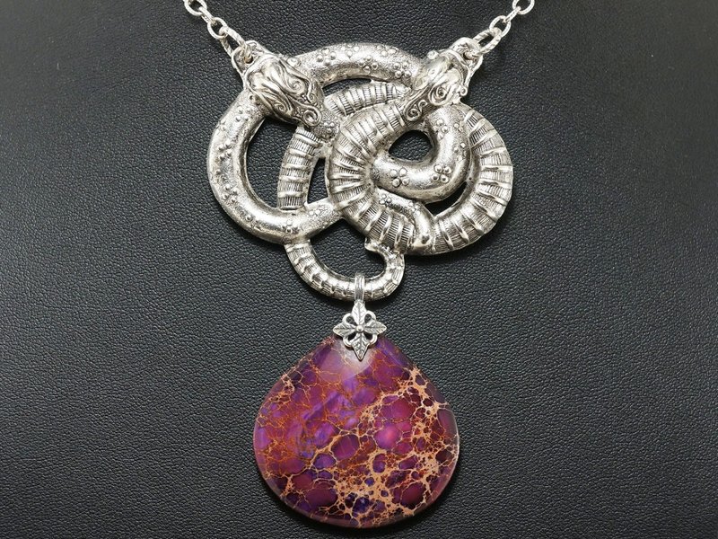 Silver Snake Purple Teardrop Variscite Imperial Jasper Pendant Necklace Jewelry - 項鍊 - 半寶石 紫色