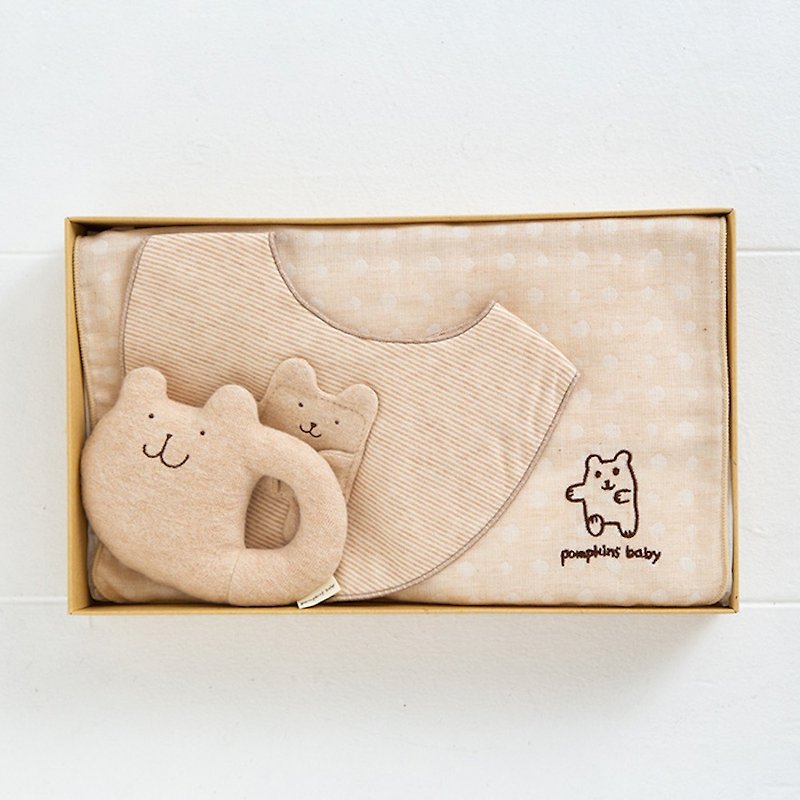 Gift Set M 100% Organic Cotton Bib Rattle Gauze Handkerchief 3 Piece Set For Baby Shower Rabbit Bear Made in Japan - ของขวัญวันครบรอบ - ผ้าฝ้าย/ผ้าลินิน ขาว