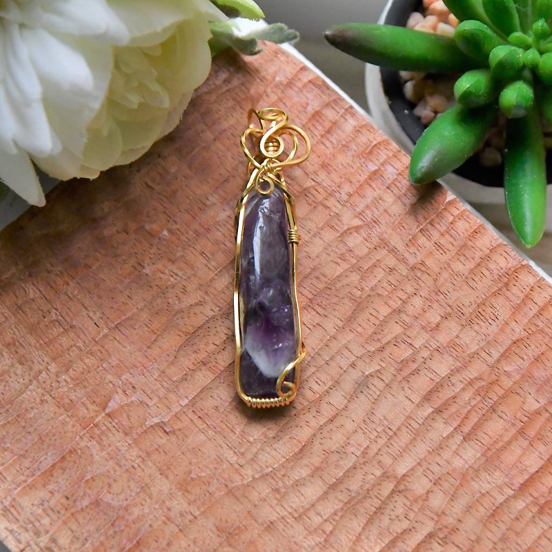 [Fog Purple] Amethyst Metal Woven Pendant - Necklaces - Gemstone Purple