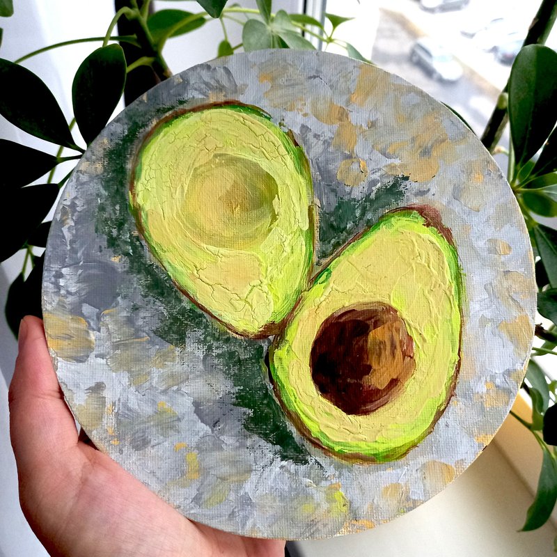 【Avocado】Original acrylic painting Kitchen decor Vegan painting - โปสเตอร์ - วัสดุอื่นๆ หลากหลายสี