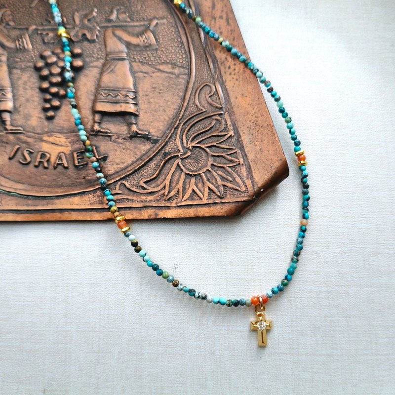 復古極細天然原礦綠松石包14K金十字架鑲鑽項鍊 - 項鍊 - 寶石 