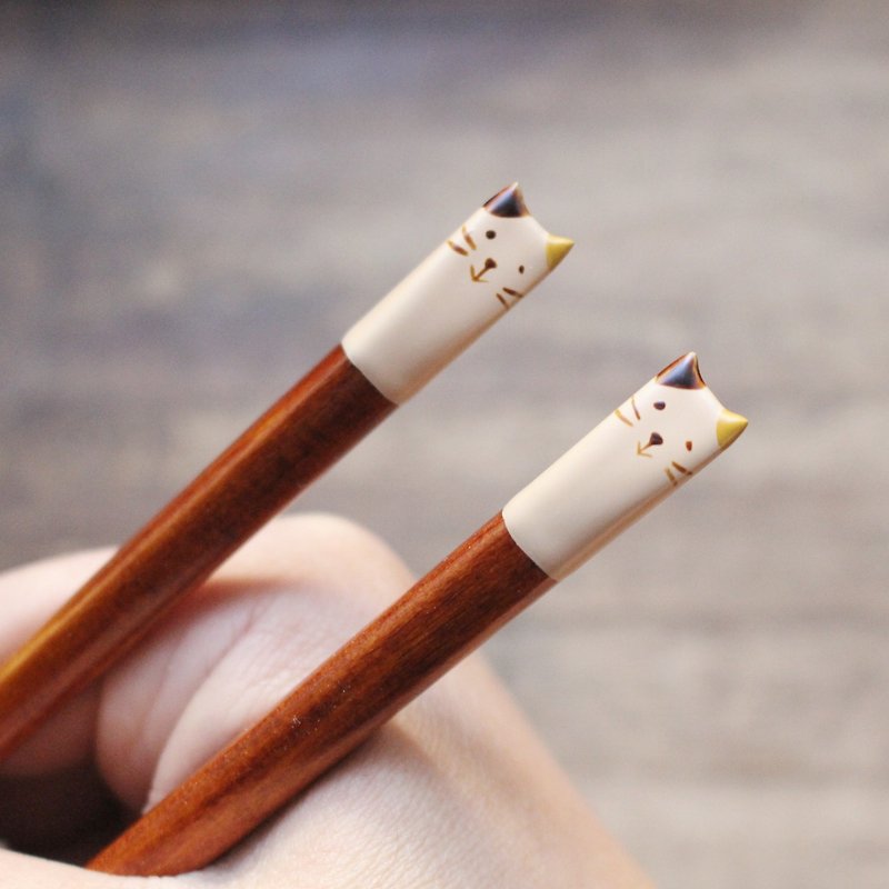 日本製動物漆器筷子(白貓) - 筷子/筷架 - 木頭 白色