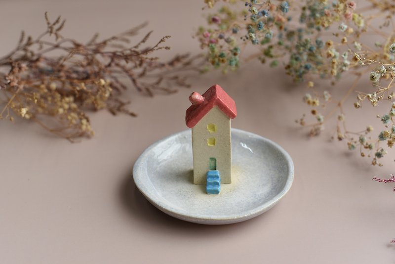 House Shaped Handmade Ceramic Round Small Ornament Plate - Items for Display - Pottery 