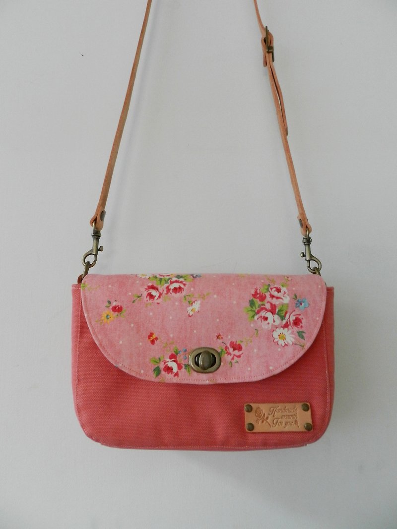 日本8號帆布系列~粉橘玫瑰小旅行隨身三層斜背包/肩背包/護照包 - 側背包/斜背包 - 棉．麻 多色