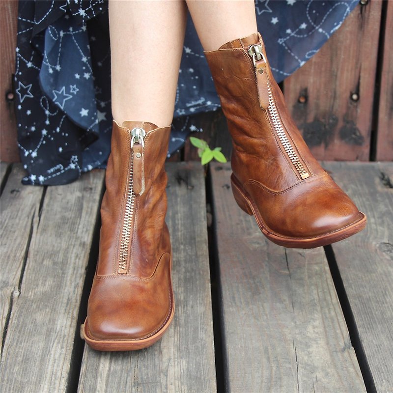 women handmade leather Ankle boots Comfortable Walking retro Martin boots brow - รองเท้าบูทสั้นผู้หญิง - หนังแท้ สีกากี