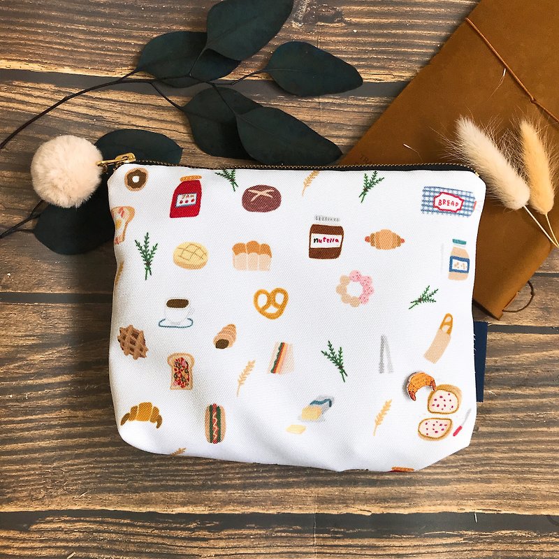 Bread | illustration waterproof cosmetic bag | pencil case | sundries bag | with a small badge - กระเป๋าเครื่องสำอาง - วัสดุกันนำ้ สีนำ้ตาล