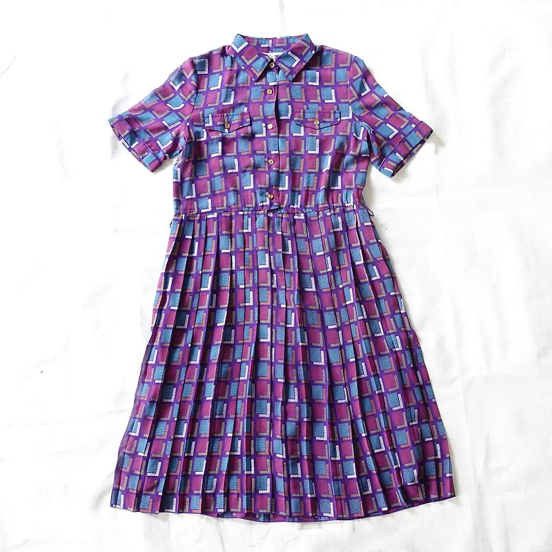 BajuTua /古著/ 紫色方塊細緻雪紡洋裝 - 連身裙 - 聚酯纖維 紫色