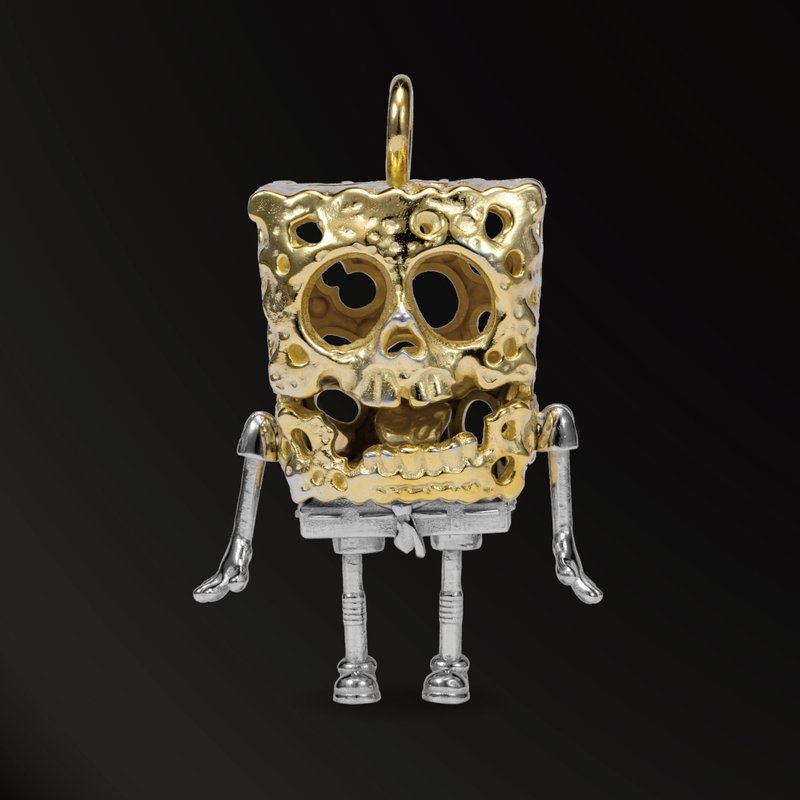 SpongeBob SquarePants Skull 925 Silver Plated 18K Gold Pendant Couple Model Full Body Movable Retro Street - Necklaces - Silver Gold