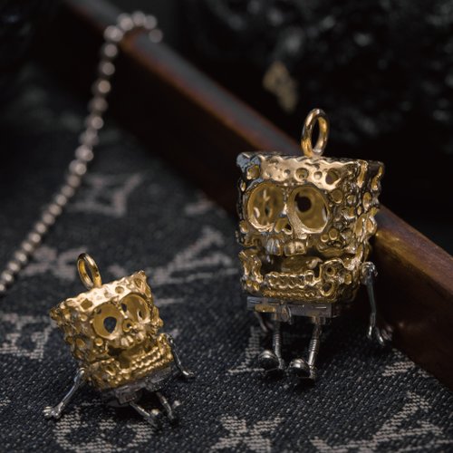 SpongeBob SquarePants Skull 925 Silver Plated 18K Gold Pendant Couple Model  Full Body Movable Retro Street