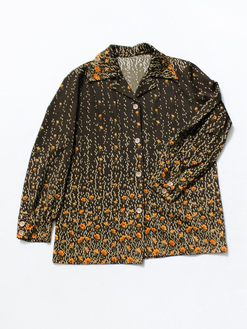 [RE1005T1589] autumn retro fireworks orange flowers coffee brown vintage shirt - Women's Shirts - Polyester Brown