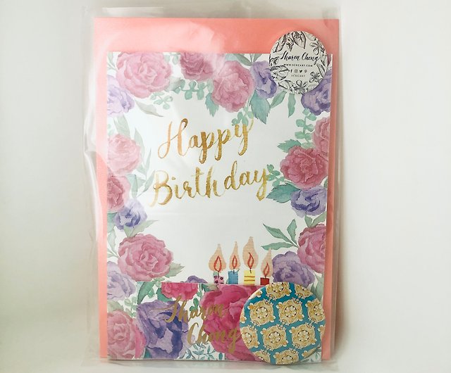 手描きの水彩画の花柄のバースデーカードもピンクの封筒を折りたたむ バッジを提示 ショップ Sckcart カード はがき Pinkoi