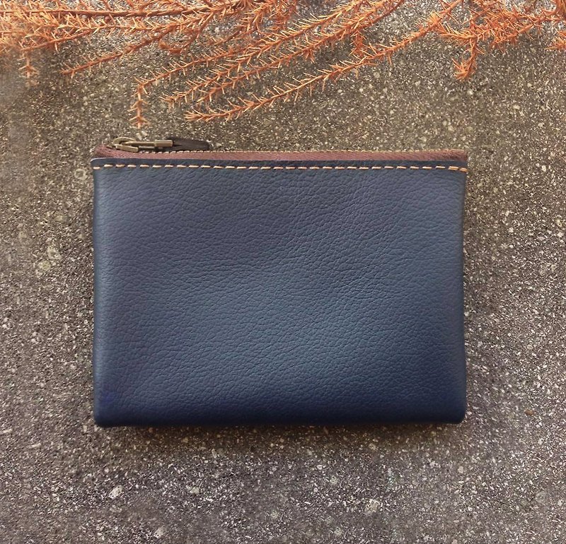 Anniversary Limited Classic Sandwich Zipper Wallet Navy Blue + Bronze Accessories + Brown Edge Fabric - Coin Purses - Genuine Leather Blue