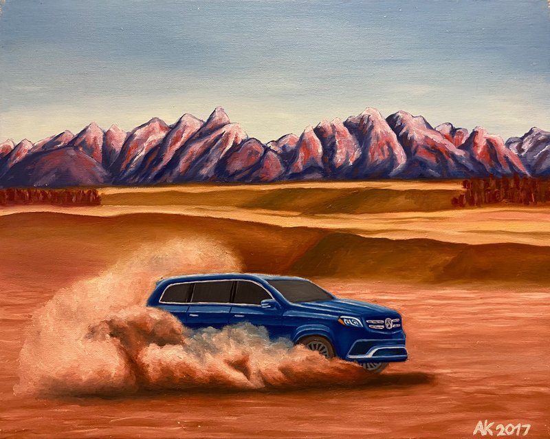Desert, original oil painting, oil on canvas, Mercedes car, landscape, nature - 壁貼/牆壁裝飾 - 其他材質 多色
