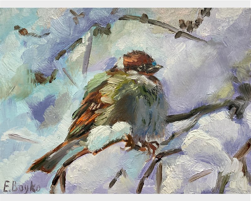 Bird oil painting Sparrow on a branch in winter Winter landscape - Wall Décor - Other Materials Transparent