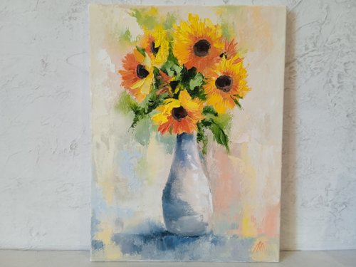 ひまわり 油彩画 油絵 油彩 油彩画 絵 絵画【真夏のひまわり】A3 - メルカリ