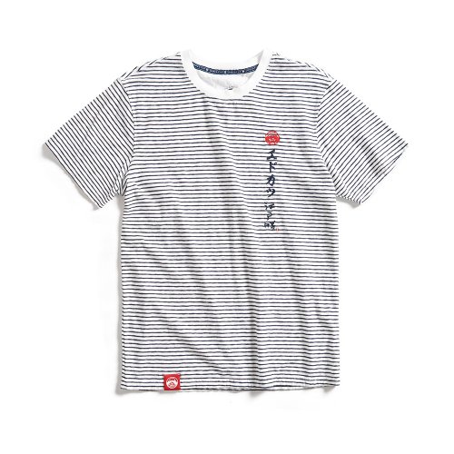 江戶勝 EDOKATSU 江戶勝 日系 男裝 LOGO字型刺繡條紋短袖T恤(米白色) #上衣
