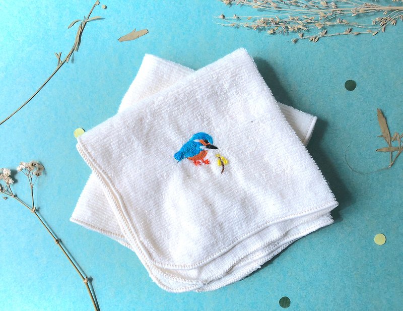 翠鳥 小鳥刺繡手巾 - 手帕 - 繡線 藍色