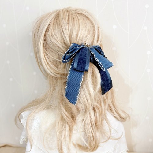 立体デニムリボン バナナクリップシュシュポニーテールクリップ ヘア