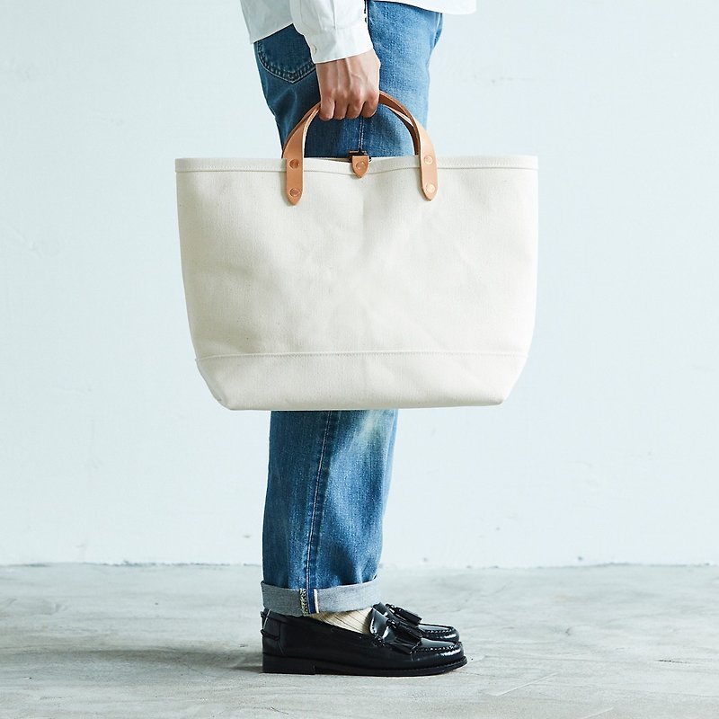 帆布皮革托特包 M 號日本製造白色未漂白天然簡約大號男式女式 - 手袋/手提袋 - 棉．麻 白色