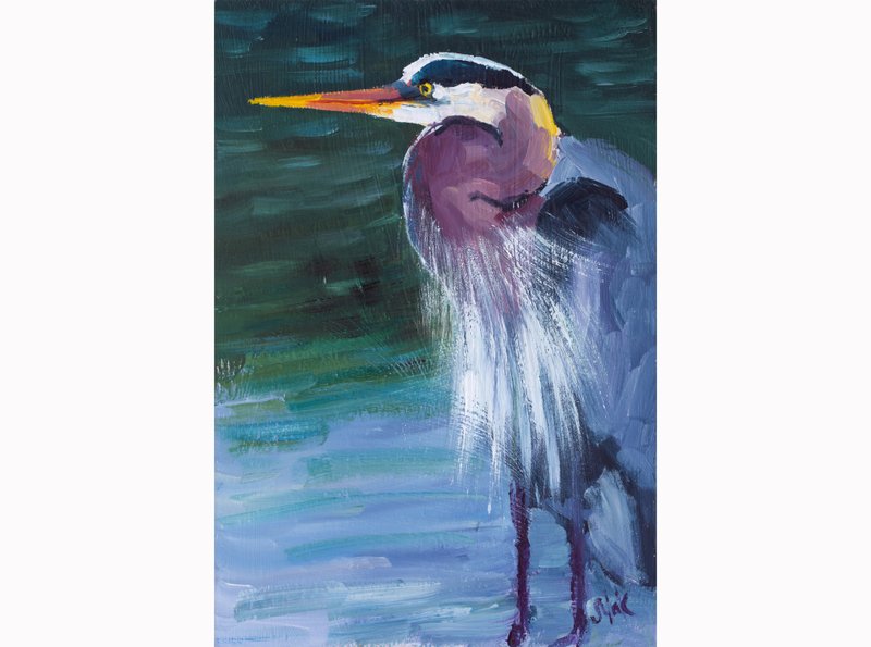 Blue Heron Oil Painting Bird Original Wall Art Gift For Woman Artwork - ตกแต่งผนัง - วัสดุอื่นๆ สีน้ำเงิน