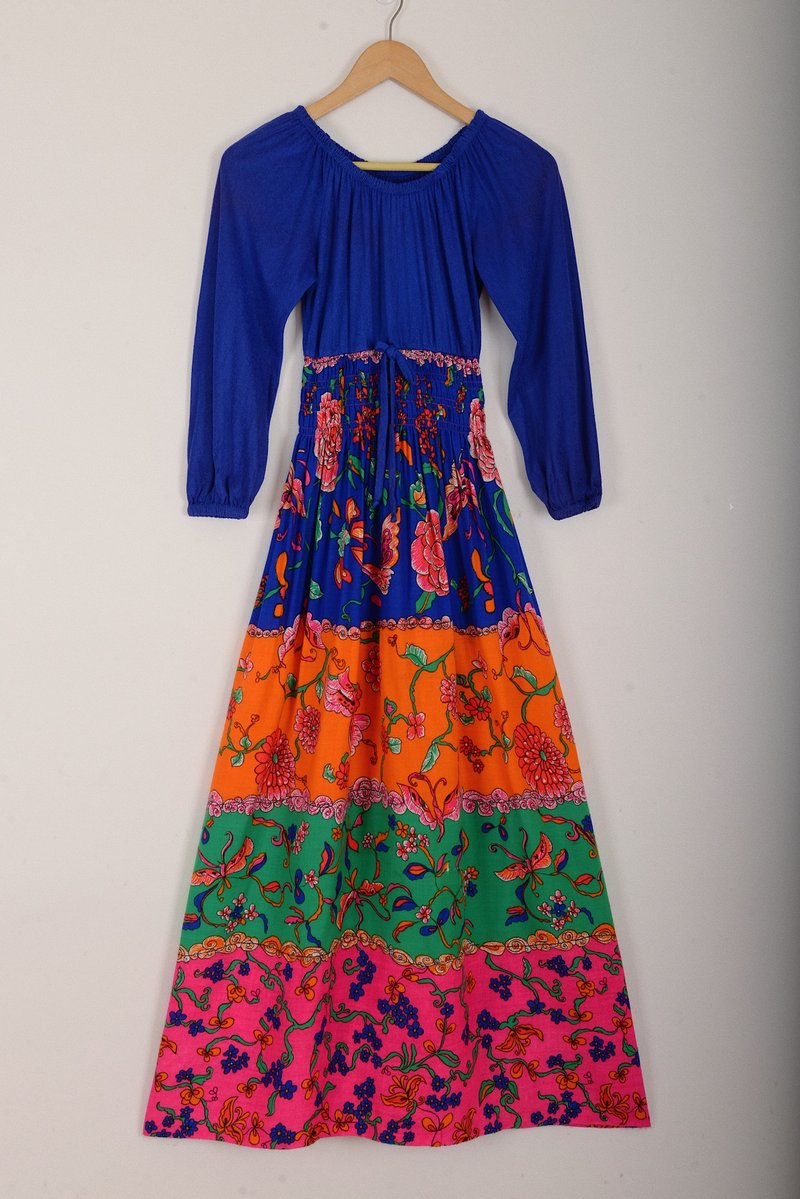 飽和感色系花柄拼接 藍橘綠粉 70s vintage dress - 洋裝/連身裙 - 其他材質 
