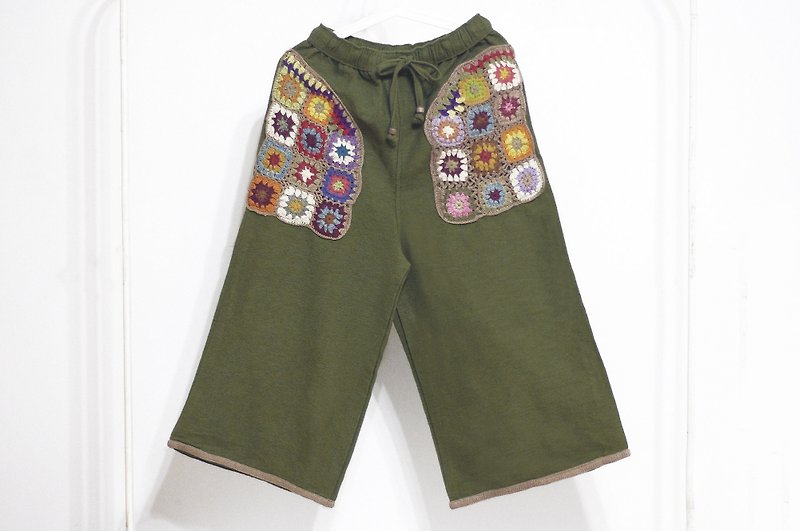 Knitted woven pocket wide trousers ethnic style wide trousers flower knitted trousers stitching knitted wide trousers-Nordic style - กางเกงขายาว - ผ้าฝ้าย/ผ้าลินิน สีเขียว