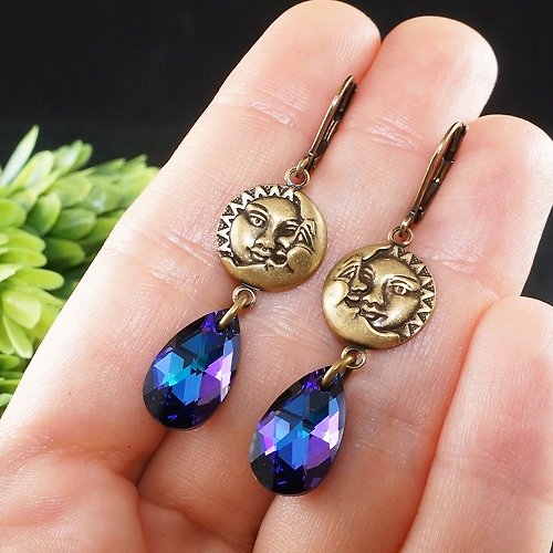AGATIX Blue Purple Swarovski Sun and Crescent Moon Celestial Brass Earrings Jewelry