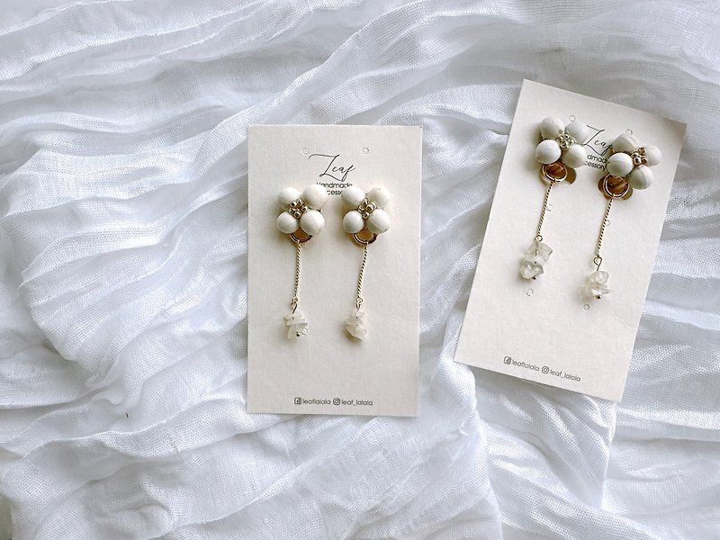 Danxue natural stone/Japanese fruit handmade earrings - Earrings & Clip-ons - Other Materials White