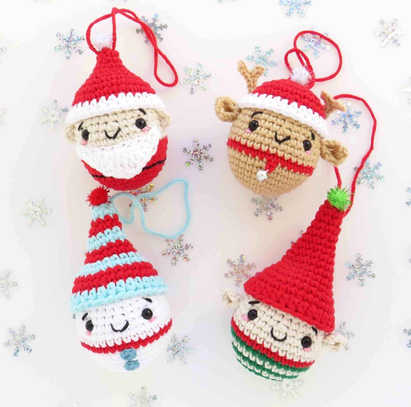 Set 4 in 1 Crochet Pattern Christmas Ornament Santa, Elf, Snowman, Reindeer. - 手工藝教學/工具書 - 其他材質 