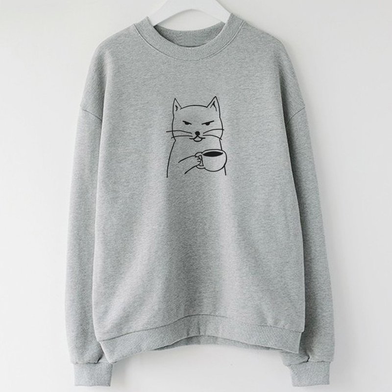 Cat Coffee Gray unisex sweatshirt - เสื้อผู้หญิง - ผ้าฝ้าย/ผ้าลินิน สีเทา