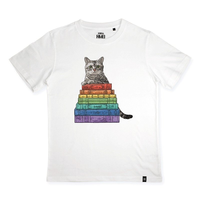 AMO®Original canned cotton T-shirt/AKE/The Cat Who Had Read Colorful Books - เสื้อยืดผู้หญิง - ผ้าฝ้าย/ผ้าลินิน 